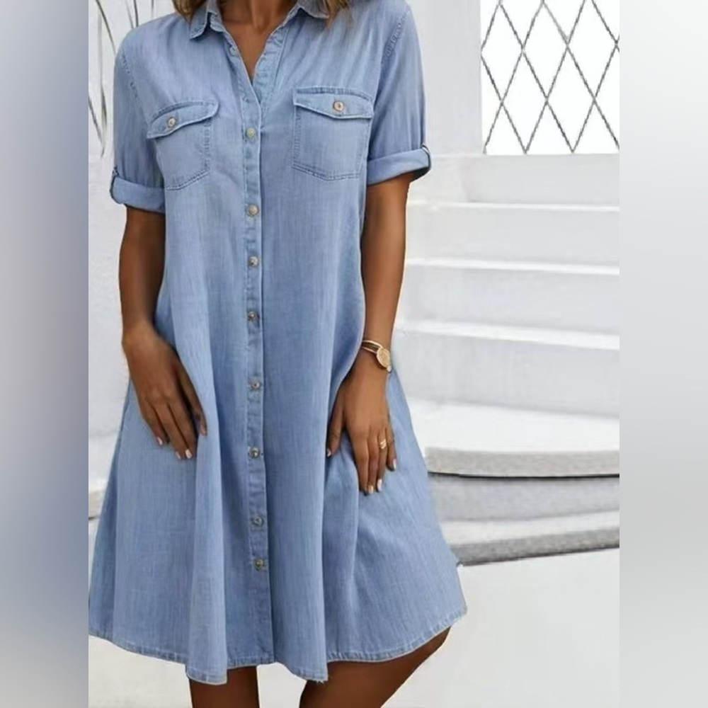 Full Size Button-Front Short Sleeve Denim Dress Plus Size